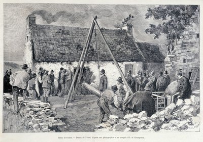 Férfiak berohannak egy ajtón egy hasfa segítségével, hogy kiűzzék a lakót a lakásból. Tofani rajza O. de Champeaux vázlatából (XIX. század). alkotó: Oswaldo Tofani