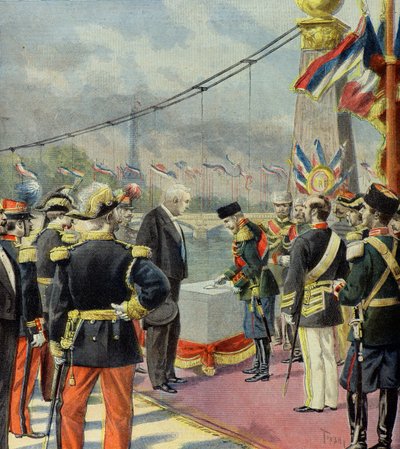 Nicolas 2 lerakja az Alexandre 3 híd első kövét, Felix Faure jelenlétében, Párizs 1896 (metszet) alkotó: Oswaldo Tofani