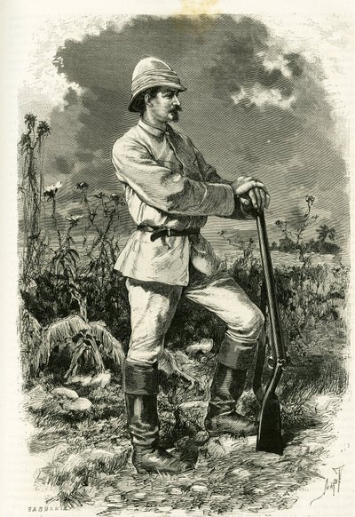Dr. Emile Holub portréja, felfedezőruhában, Tofani metszetével, az „Au pays des Marutses” című történet illusztrálására, Dr. Emile Holub (1847-1902) 1875-1879-ben. Megjelent a Tour du monde-ban, 1883. 2. félév, szerkesztette: Edouard Charton (1807-1890) alkotó: Oswaldo Tofani