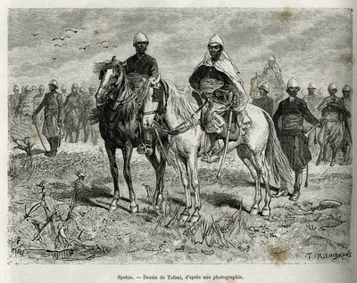 Az expedíció szpáhii kíséretében. Tofani metszete a Haut Nigerben végzett felfedezés történetének illusztrálására, Gallieni parancsnoktól, a tengerészgyalogság 1880-1881-ben, megjelent a Tour du monde-ban, Edouard Charton (1807-1890) irányítása alatt. alkotó: Oswaldo Tofani