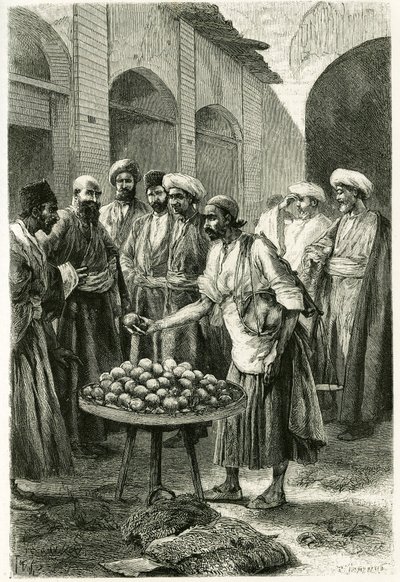 A halászkereskedő Kachanban (vagy Kashanban, Teherán tartományban, a mai Iránban). Tofani metszet, fényképről, Jane Dieulafoy (szül. Magre) „Persia, Chaldee és Susiane” című történetének illusztrálására 1881-1882 között alkotó: Oswaldo Tofani