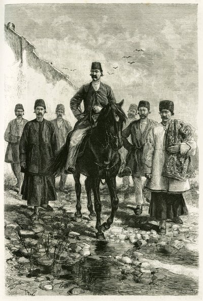 Kachan (vagy Kashan, Teherán tartományban, a mai Iránban) kormányzója fekete lovon ül, a lakosztálya pedig gyalog. Tofani metszete fényképről, Jane Dieulafoy (szül. Ma) „Persia, Chaldee és Susiane” című történetének illusztrálására 1881-1882 között alkotó: Oswaldo Tofani