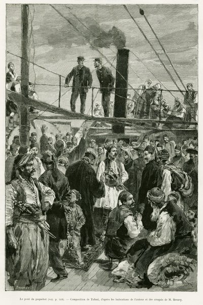 A hajó fedélzete. Tofani metszet a Voyage en Thessalie című történet illusztrálására 1882-ben, Paul Monceaux, in le tour du monde 1887, rendező: Edouard Charton (1807-1890), Hachette, Párizs. alkotó: Oswaldo Tofani