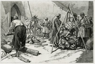 A poggyász mérlegelése a Delafoy Menyasszonyi Expedíció indulása előtt. Tofani metszet a „Persia, Chaldee és Susiane” történet illusztrálására alkotó: Oswaldo Tofani