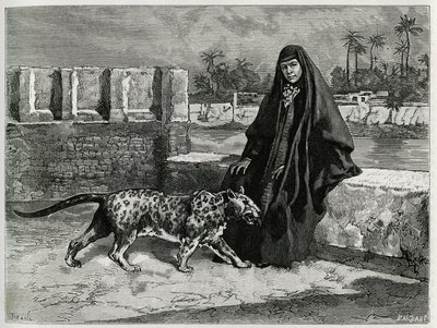 Torkan Khanoum, Sheikh Moses kedvence, Arabisztán hatalmas törzsi vezetője párducával. Tofani metszet a „Persia, Chaldee és Susiane” című történet illusztrálására alkotó: Oswaldo Tofani