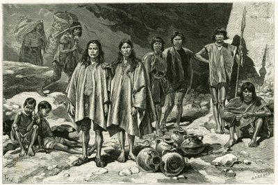 Az ecuadori cordilleres indiánok típusai, bal oldalon, háttérben Nanegal Yumbos, előtérben Lojanos, középen Zaparos pár, jobb oldalon Jivaros harcosok. Tofani metszet, dokumentumok alapján, a stor illusztrálására alkotó: Oswaldo Tofani