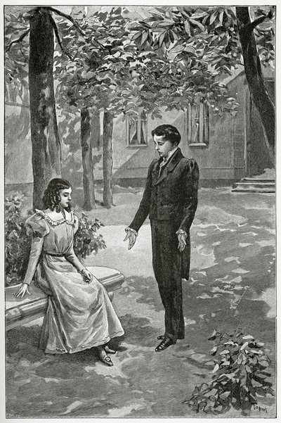 Victor Hugo kinyilvánítja szerelmét Adèle Fouchernek, 19. század (bw-metszet) alkotó: Oswaldo Tofani