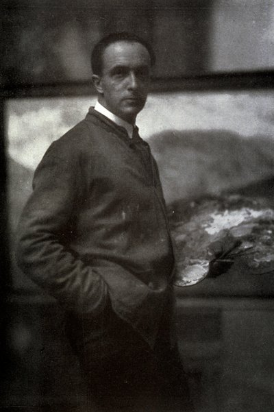 Cesare Maggi háromnegyed hosszúságú portréja. A smokettbe öltözött festő bal kezében palettát tart. A háttérben a vászon, amelyen dolgozik alkotó: Ottaviano Ecclesia