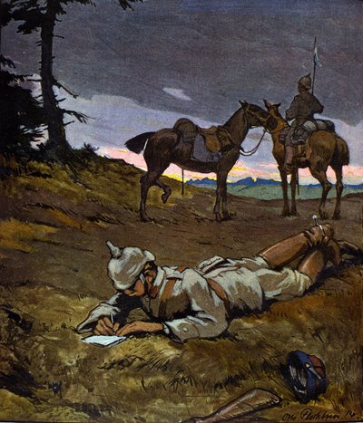 Első világháború (1914-1918): Német lovasok felderítésben 1914-ben. Tüskés sisakot viselnek. Otto Flechner festménye a „Jugend” folyóirat számára. 20. század alkotó: Otto Flechtner