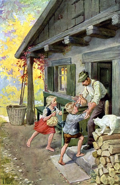 Jancsi és Juliska hazatalál, 1910 körül (képeslap) alkotó: Otto Kubel