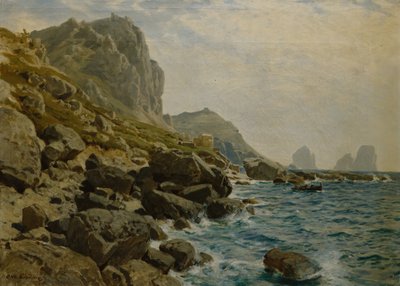 Drámai tengerparti táj csónakkal (olaj, vászon) alkotó: Otto Ludvig Sinding