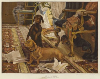 Három tacskó egy szék körül a nappaliban (színes litho) alkotó: Otto Weber