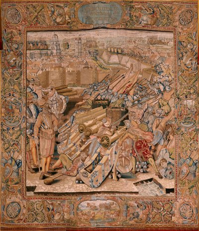 Flamand kárpit. Albert főherceg diadalai és csatái sorozat. Támadás Calais városa ellen (Asalto de la plaza de Calais). A sorozat második kárpitja. Otto van Veen modell és Hans I Snellinck. Gyártás Martin Reynbouts, Brüsszel alkotó: Otto van Veen
