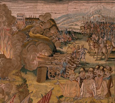 Flamand kárpit. Albert főherceg diadalai és csatái sorozat. Éjszakai támadás Ardres ellen vagy Ardres alacsony városának elfoglalása (Asalto nocturno de Ardrés o Toma de la baja villa de Ardrés). Harmadik kárpit a sorozatban. Otto van Veen modell és Hans I alkotó: Otto van Veen