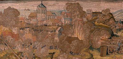 Flamand kárpit. Albert főherceg diadalai és csatái sorozat. Éjszakai támadás Ardres ellen vagy Ardres alacsony városának elfoglalása (Asalto nocturno de Ardrés o Toma de la baja villa de Ardrés). Harmadik kárpit a sorozatban. Otto van Veen modell és Hans I alkotó: Otto van Veen