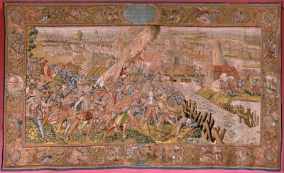 Flamand kárpit. Albert főherceg diadalai és csatái sorozat. Meglepetés Calais-ban (La sorpresa de Calais). A sorozat első gobelinje. Otto van Veen modell és Hans I Snellinck. Gyártás Martin Reynbouts, Bruselas. 1597-1599. Szövet Arany, ezüst, si alkotó: Otto van Veen