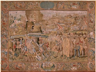 Flamand kárpit. Albert főherceg diadalai és csatái sorozat. Hulst városának elfoglalása (Toma de la Plaza de Hulst). A sorozat hetedik kárpitja. Otto van Veen modell és Hans I Snellinck. Gyártás Martin Reynbouts, Brüsszel alkotó: Otto van Veen