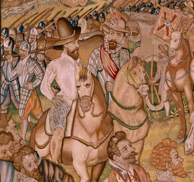 Flamand kárpit. Albert főherceg diadalai és csatái sorozat; Az ardresi helyőrség Franciaországba vonul vissza (Retirada a Francia de la Guarnición de Ardrés). A sorozat negyedik kárpitja. Otto van Veen modell és Hans I Snellinck. Gyártása Martin Reynbou alkotó: Otto van Veen