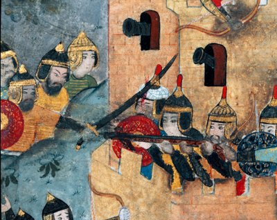 Harcjelenet III. Murád (1546-1595) oszmán hadserege (balra) és egy erős Detail tatár védői között. Codex miniatűr R-1296. 16. századi Topkapi Sarayi Múzeumi Könyvtár Isztambulban alkotó: Ottoman School