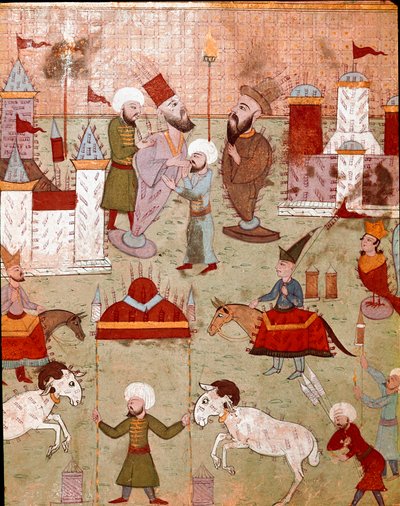 II. Murád (Murat) oszmán szultán fiának (1404-1451) körülmetélése alkalmából rendezett ünnepségek, tűzijátékok előkészítése 16. századi miniatűr Isztambul, Topkapi Sarayi Múzeum Könyvtára alkotó: Ottoman School