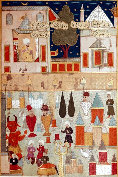 II. Murád (Murat) oszmán szultán fiának (1404-1451) körülmetélése alkalmából rendezett ünnepségek, tűzijátékok előkészítése 16. századi miniatűr Isztambul, Topkapi Sarayi Múzeum Könyvtára alkotó: Ottoman School