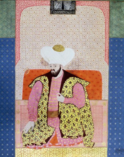 Oszmán Birodalom: „” II. Murád (Murat) oszmán szultán (1404-1451) portréja”” Miniatűr a kéziratból (Ms. 1973, folio 62a) „” Zubdatat-al Tawarikh”” (Zubdat al Tawarikh) (Történetek krémje) ) történész Seyyyid Loqman Ashuri 1538. török és iszlám alkotó: Ottoman School