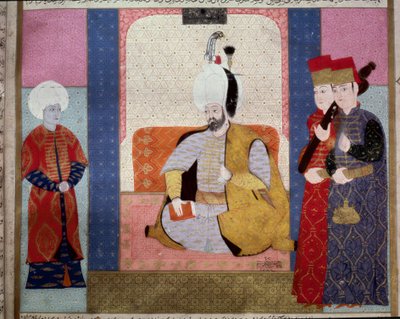Oszmán Birodalom: „III. Murád szultán (1546-1595) körülveszi az udvaroncokat”” Miniatűr a „Zubdat al Tawarikh”-ból” (Ms. 1973, fol. 59b), Seyyd Lokman Ashuri 1583 Isztambul, Török-Iszlám Művészeti Múzeum alkotó: Ottoman School