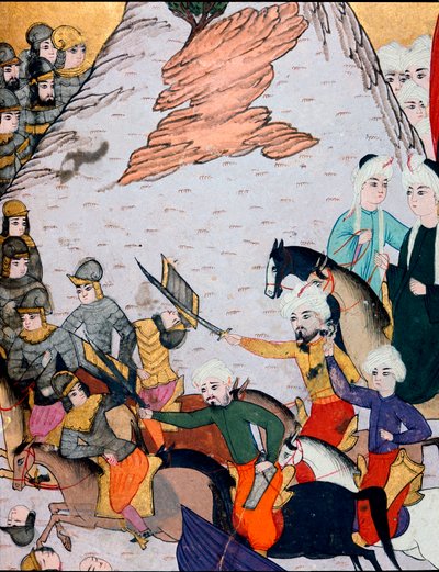 Oszmán Birodalom: összecsapások I. Bajezid (Bajazet) szultán (1360-1402 körül) serege között a francia-magyar szövetséggel szemben a nikápolyi csata során, 1396. 09. 25-én. 15. századi miniatűr. Topkapi Sarayi Múzeumi Könyvtár Isztambulban alkotó: Ottoman School
