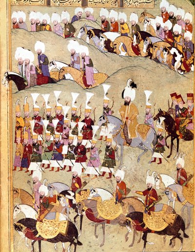 Oszmán Birodalom: II. Murád (Murat) (1404-1451) oszmán szultán és Armee ábrázolása Perzsia inváziója idején””” Kéziratos miniatűr ms. FY 1404 „” Sehinsahname”” (vagy Shahinshah-nameh vagy Shahinshah-nameh, Shahinshah nama, Shahinshah nameh) alkotó: Ottoman School