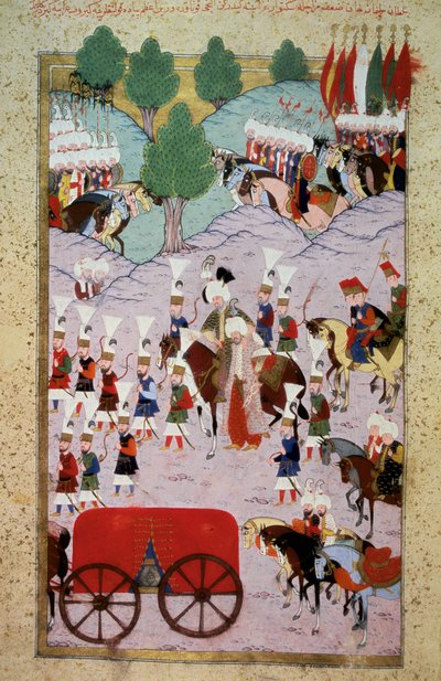 Oszmán Birodalom: Szolimán szultán (Szulejmán) ábrázolása Azt mondtam, a csodálatos (1520-1566) és a hadserege. Miniatűr a Lokman „Hunername”-ből, vol. 1 (H 1523, f.7) 1584 Topkapi Sarayi Múzeumi Könyvtár Isztambul alkotó: Ottoman School
