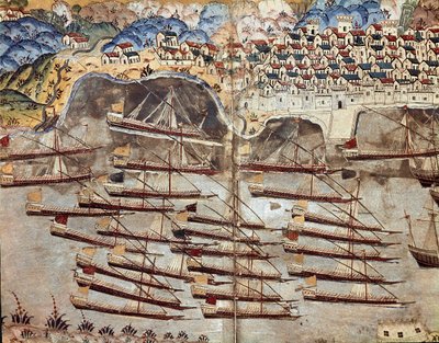 Oszmán Birodalom: a Barberossa (Khizir Khayr ad-din (Barbaros Hozor Hayreddin pasa vagy Pasa vagy Chair ad Din, Chaireddin vagy Cheireddin) (1466-1546)) flotta magánszemély, Nizza városával szemben. Miniatűr 
