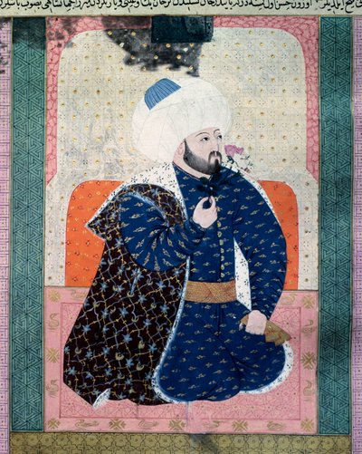 Az Oszmán Birodalom szultánjának portréja, Mehet II (Mehmet II, a Hódító vagy Mehmed II Fatih) (1430-1481) Miniatűr a kéziratból (Ms. 1973, folio 62a) „Zubdatat-al Tawarikh” (Zubdat al-Tawarikh) ( Creme of Stories) történész Seyyid Loqman As alkotó: Ottoman School