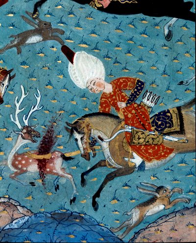 II. Murád (Murat) szultán (1404-1451) szarvasra és nyúlra vadászó udvaroncainak ábrázolása. 17. századi miniatűr. Isztambul, Topkapi Sarayi Múzeum könyvtára alkotó: Ottoman School