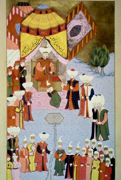 I. Bayezid (vagy Bajazet) szultán (1360-kb. 1402) rendelkezik miniatűr udvarral, Lokman „Hunername”-ből, 1. köt. 1 (H 1523, f.7) 1584 Topkapi Sarayi Múzeumi Könyvtár Isztambul alkotó: Ottoman School