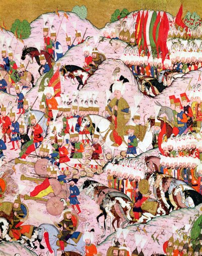 TSM H.1524 „Hunername” kézirat: Nagy Szulejmán (1494-1566) az 1526-os mohácsi csatában, Lokman „Kiválósági könyvéből” alkotó: Ottoman School