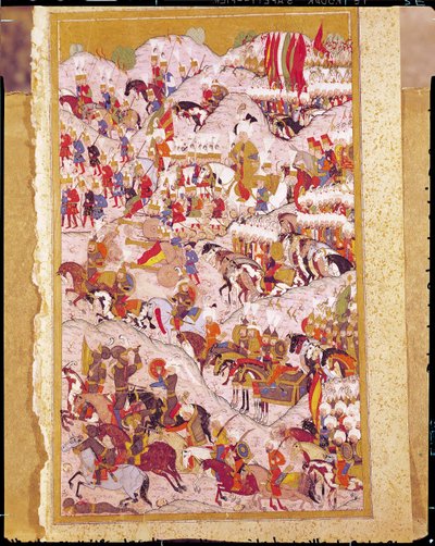 TSM H.1524 „Hunername” kézirat: Nagy Szulejmán (1494-1566) az 1526-os mohácsi csatában, Lokman „Kiválósági könyvéből” alkotó: Ottoman School