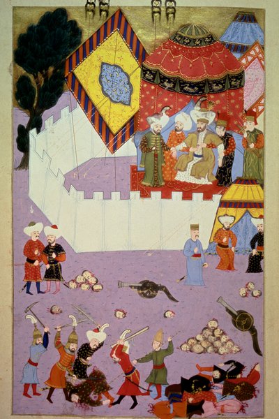 I. Murád szultán (1326-1389) meggyilkolása Milos Obilic (Kobilic vagy Kobilovic) szerb lovag által (meghalt 1389) a koszovói csatában az oszmánok szerbek felett aratott győzelmét követően Lokman „Hunername” című művéből. 1 (H 1523, f.7) 1584 To alkotó: Ottoman School