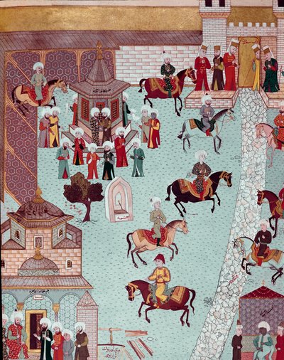 Kilátás a Szent Irén templomra (Szent Irén), a Serail kapujára és a konstantinápolyi szultáni palotára Miniatűr a 17. században. Topkapi Sarayi Istanbul alkotó: Ottoman School