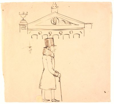 Egy prémes úriember karikatúrája a Kaszinó előtt. alkotó: P.C. Skovgaard