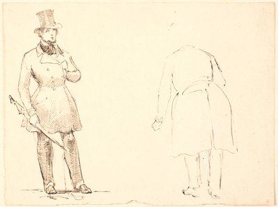 Álló úriember esernyővel és t.h. meghajló úriember hátulról nézve alkotó: P.C. Skovgaard