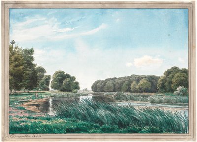 Fákban gazdag táj tóval és három gyerekkel, akik állnak és horgásznak. alkotó: P.C. Skovgaard
