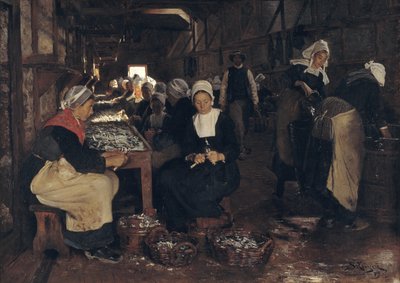 Szardínia pácolással és csomagolással foglalkozó létesítmény Concarneau-ban alkotó: Peder Severin Krøyer