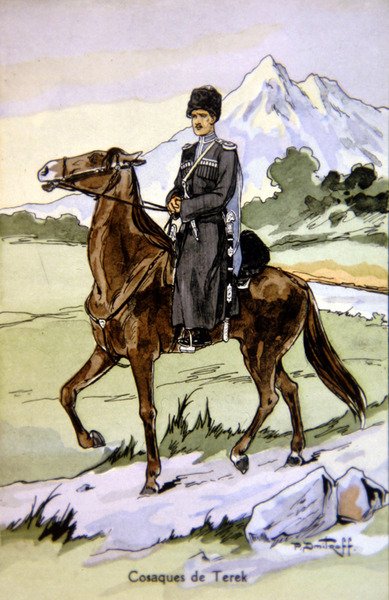 Terek kozákot ábrázoló képeslap, 1914 körül (színes litó) alkotó: P. (after) Dmitroff