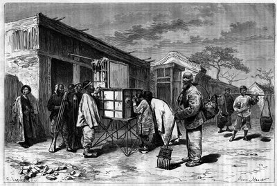 Tevékenységek Pekin (Peking) utcáin, 19. századi diorámával. Metszet Sellier rajzából, Thomson fényképéből, a „Le Tour du Monde, Nouveau Journal des Voyages”-ben, szerkesztette Edouard Charton, Párizs alkotó: P. (after) Sellier
