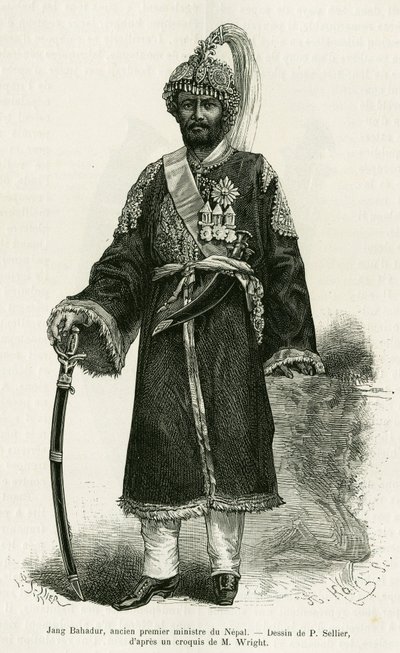 Jang Bahadur (1816-1877), Nepál miniszterelnöke. P.Sellier metszete a Utazás a nepáliban című történet illusztrálására, Dr. Gustave Le Bon (1841-1931), in le tour du monde 1886, rendező: Edouard Charton (1807-1890), Hachette, Párizs. alkotó: P. (after) Sellier