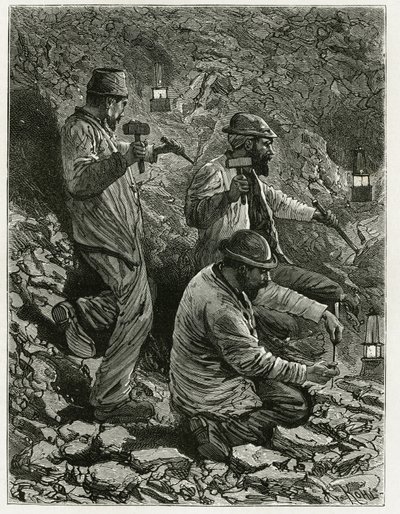 A bányászok szenet vonnak ki a vénába. Ferat metszet a „Belgium” történet illusztrálására, Camille Lemonnier (1844-1913) belga író. Megjelent a Le Tour du monde, nouveau Journal des voyages, 1884. évi 2. félévben, szerkesztette Edouard Charton (1807- alkotó: P. Ferat