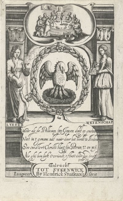 Pelikán saját vérével táplálja fiókáit Címlap ehhez: D. van Baardt, A spirituális és világi uralkodás kárpitja, 1661 alkotó: P. Langweer
