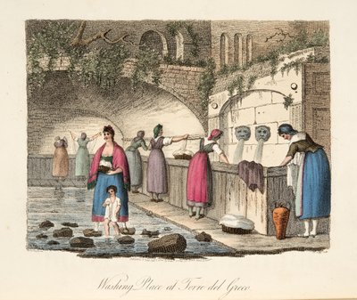 Mosóhely Torre del Grecóban, az olasz tájból, amely Olaszország különböző államainak szokásait, szokásait és szórakozásait képviseli, pub. 1806 (kézzel színezett metszet) alkotó: P. van (after) Lerberghi