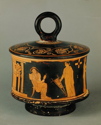 Háztartási jelenet, két nő a női szálláson, az egyik fon, a másik kezében egy kis kézi szövőszék ... alkotó: Painter of the Louvre Centauromach