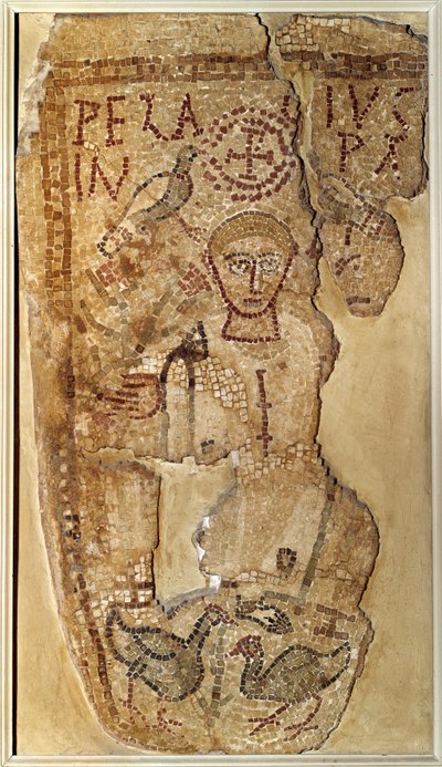 Paleochretian antikvitás: „” Pelage (vagy Pelagius) aszkéta szerzetes (350-420) ábrázolása”” Temetési mozaik Tunéziából. Párizs, Louvre Múzeum alkotó: Paleo-Christian Paleo-Christian